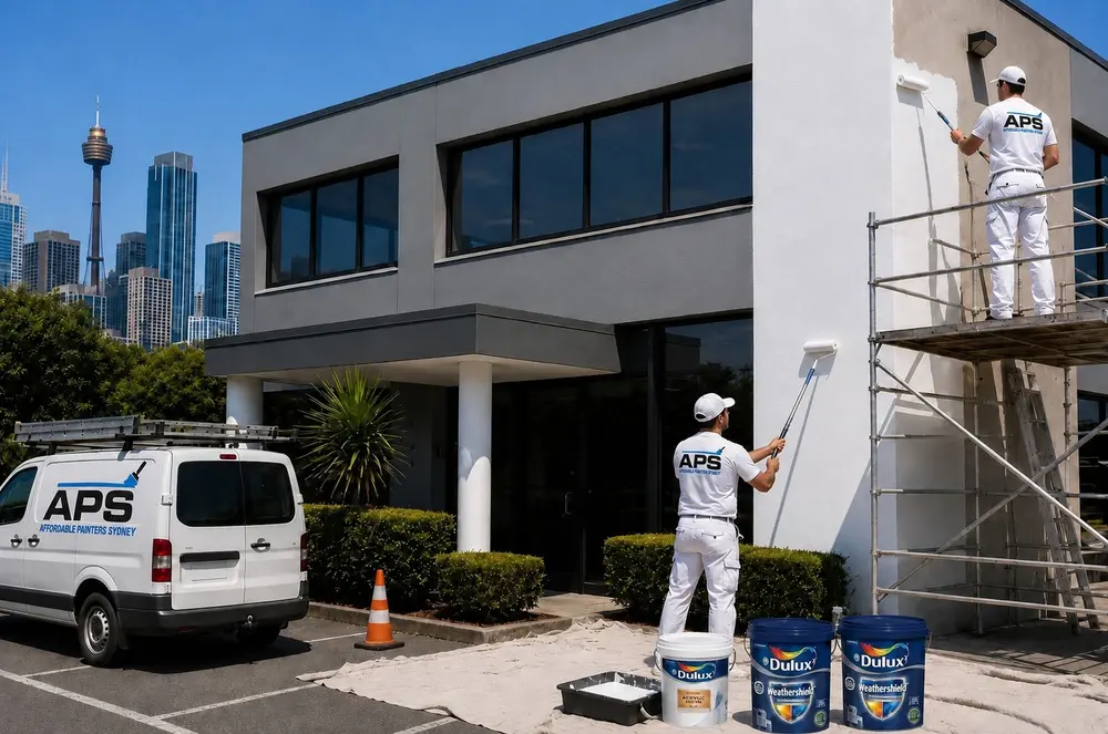 Workers working on an office exterior paint job with weather shield paint